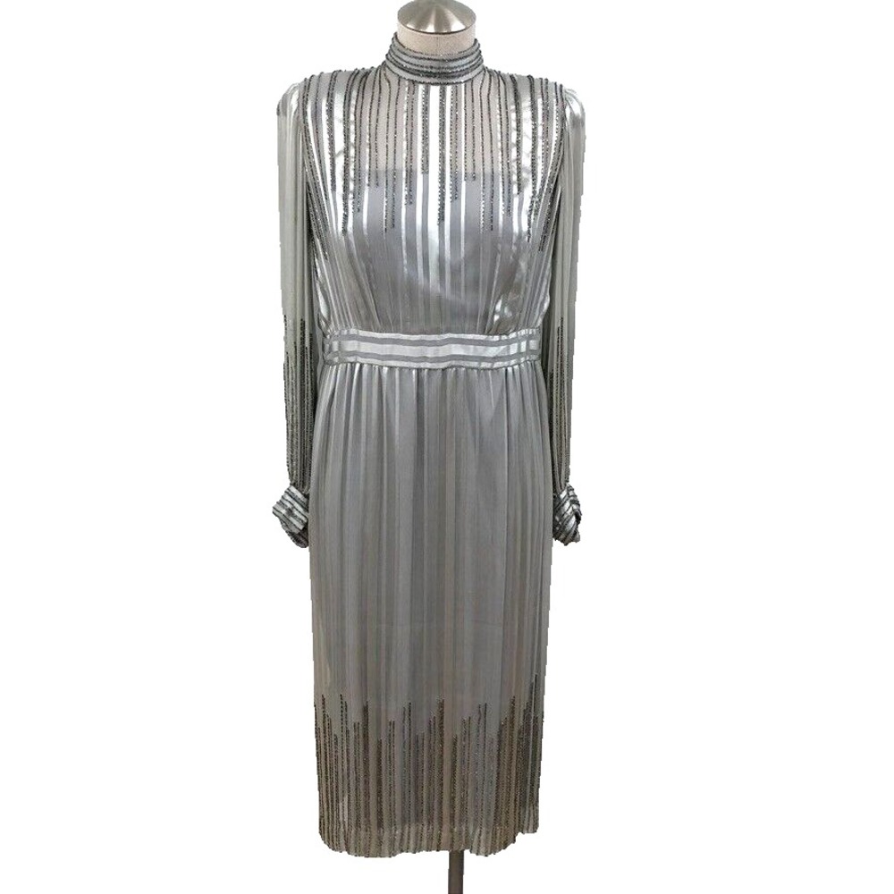 Vintage‎ Kanes Chicago Midi Dress Womens Medium Silver Stripe Beaded Party